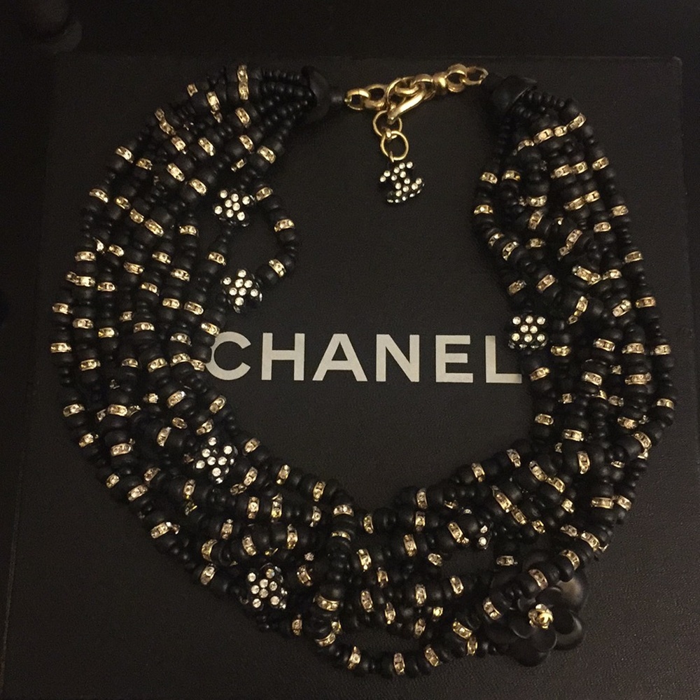 Chanel multi strand black & gold Camellia necklace
